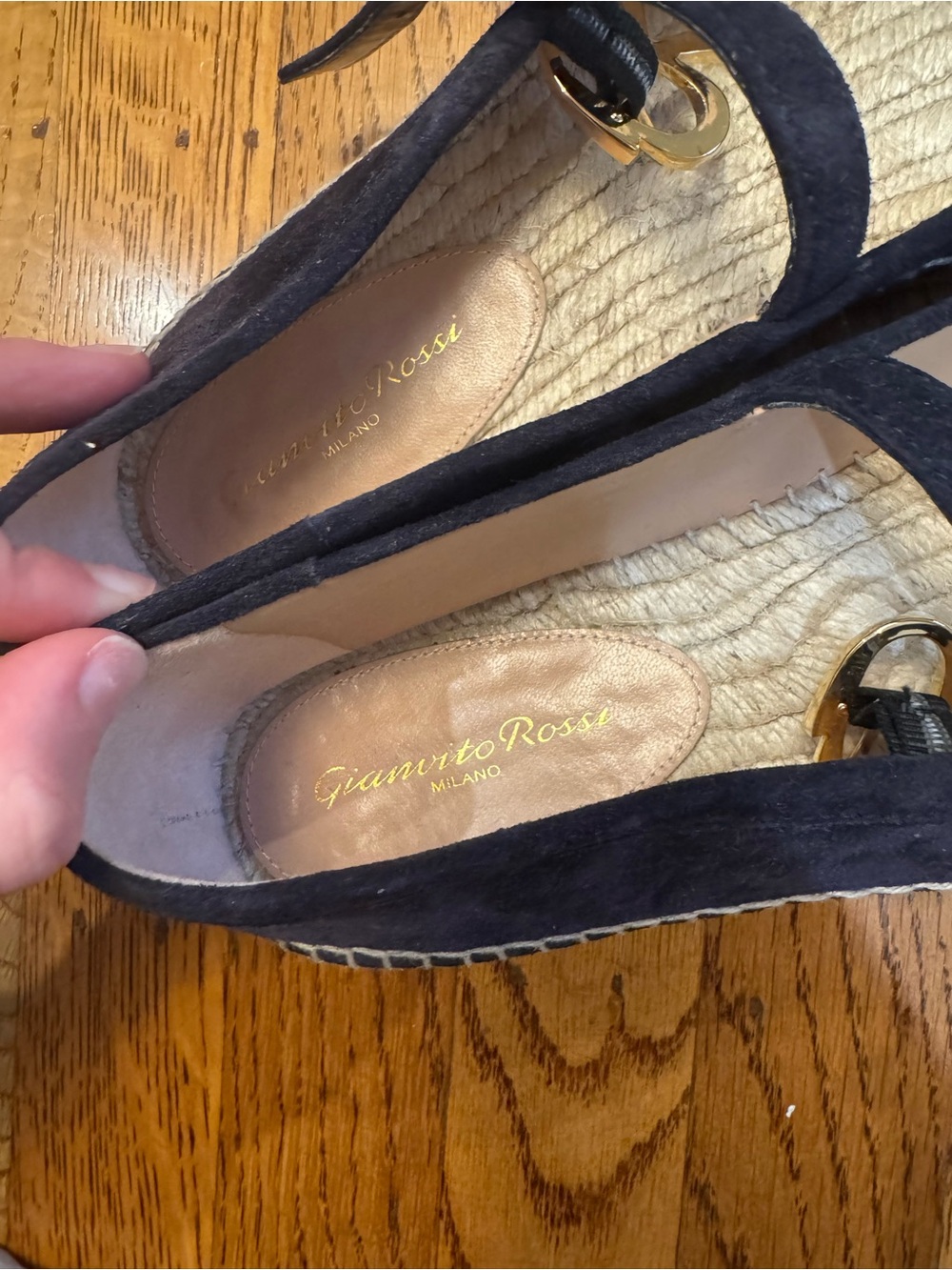 Gianvito Rossi Navy Suede Espadrille Wedges with Gold Buckle